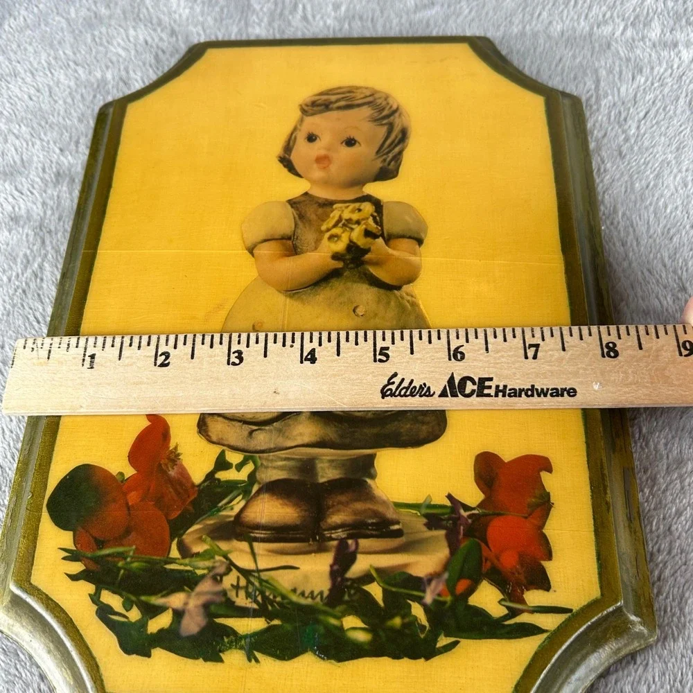 Vintage Hummel Style Wooden Wall Plaque Girl with Flowers 1974 Decor 11.5x8.25